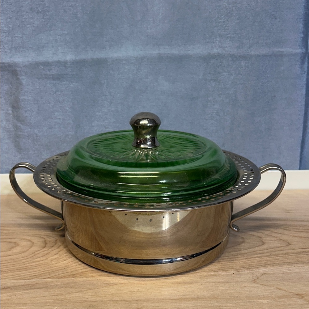 Vintage Camirand stainless steel serving bowl with green Depression glass lid